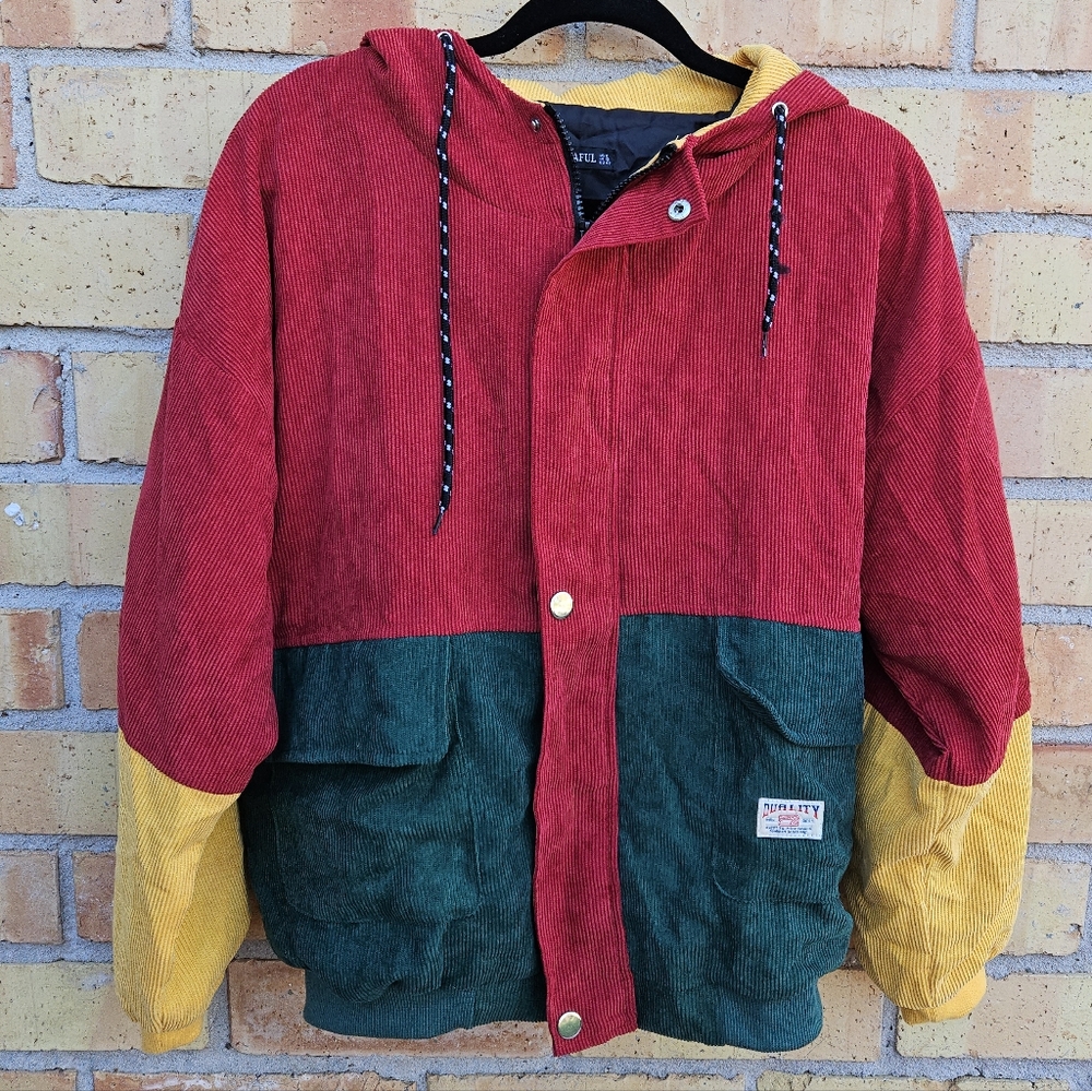 Colorblock Corduroy Jacket with Hood